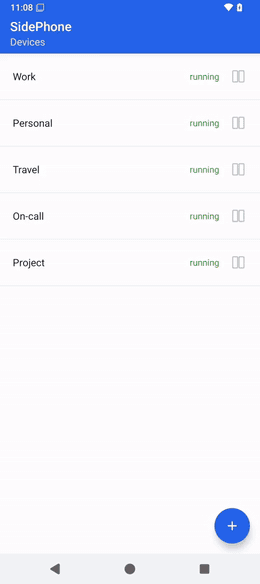 The SidePhone app: tapping a phone opens the live remote Android phone, streamed in real time.